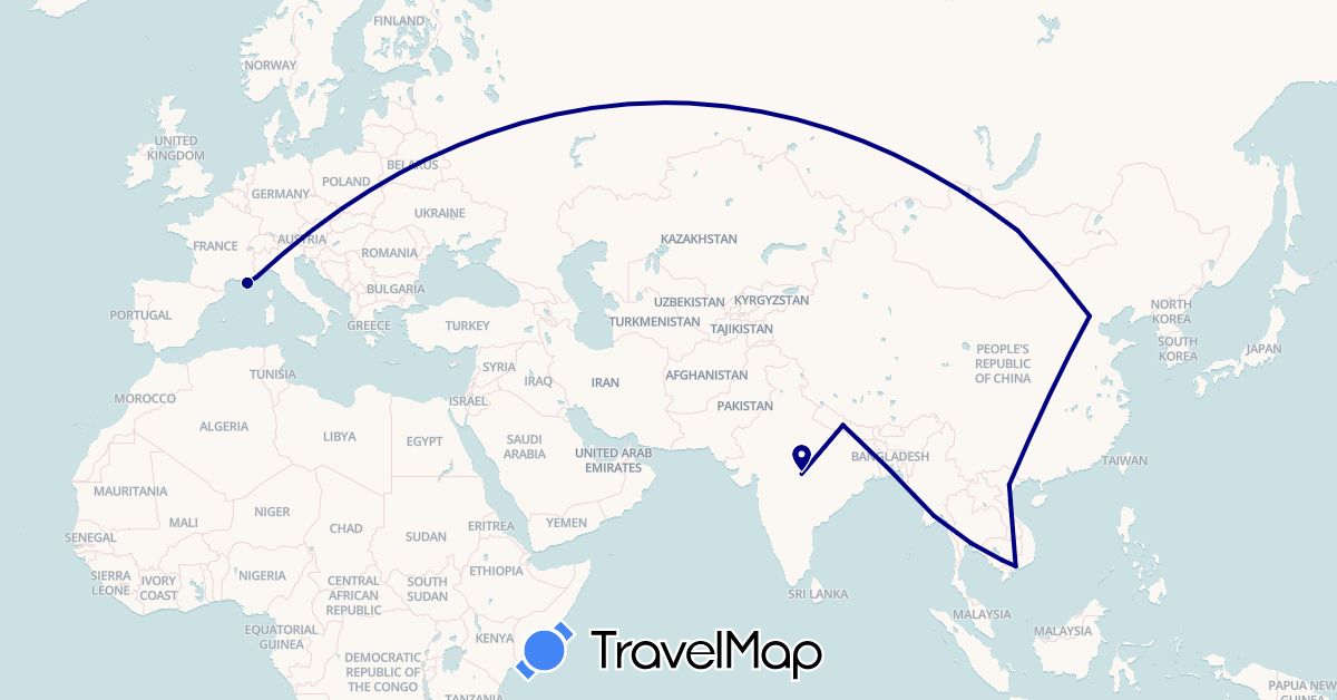 TravelMap itinerary: driving in China, France, India, Cambodia, Myanmar (Burma), Mongolia, Nepal, Russia, Thailand, Vietnam (Asia, Europe)